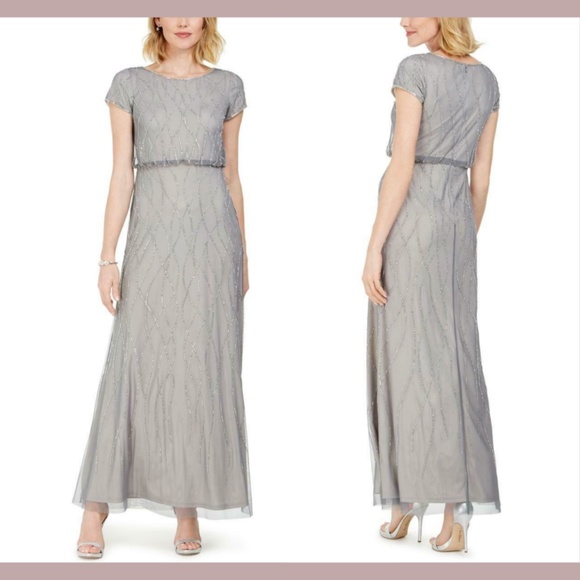 NEW Adrianna Papell [ 8 ] Beaded Blouson Gown in Pewter Silver‎ - Picture 1 of 12